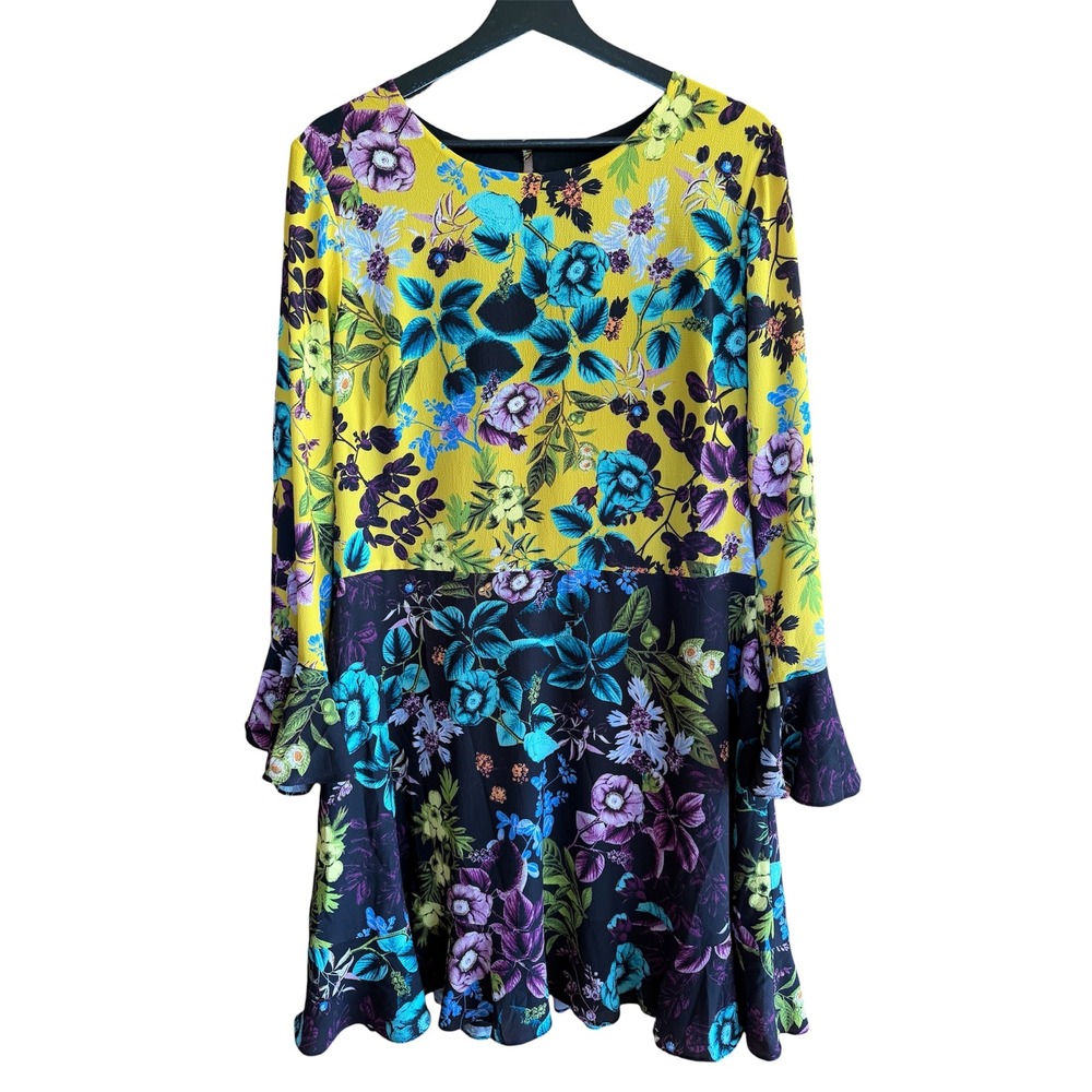 Eliza J Yellow Blue Floral Bell Sleeve Shift Dress Plus Size 18